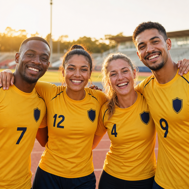 Diverse sports team wearing matching yellow performance T-shirts