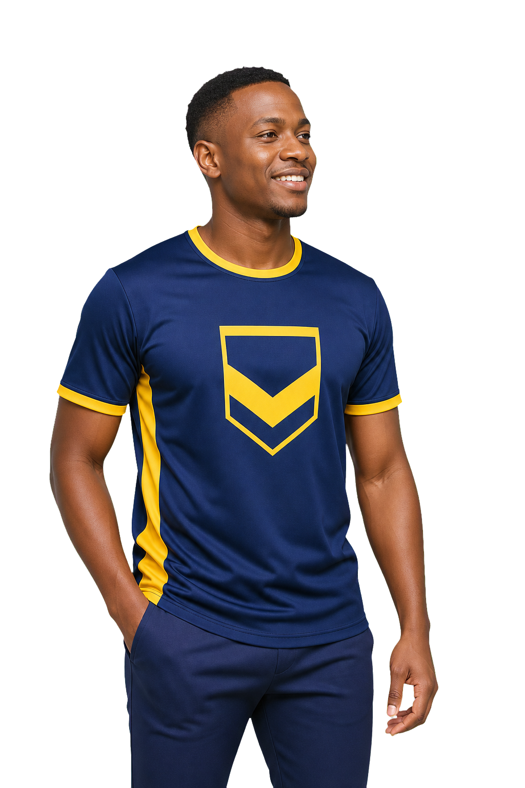 Team member wearing a navy blue and yellow branded T-shirt